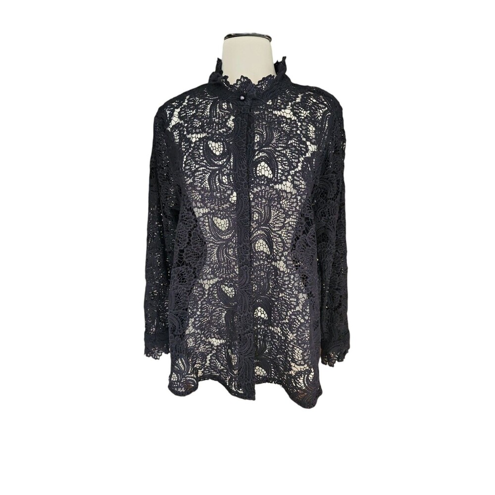 Soft Surroundings Crochet Lace Button Down Shirt Womens PXL Black Coquette